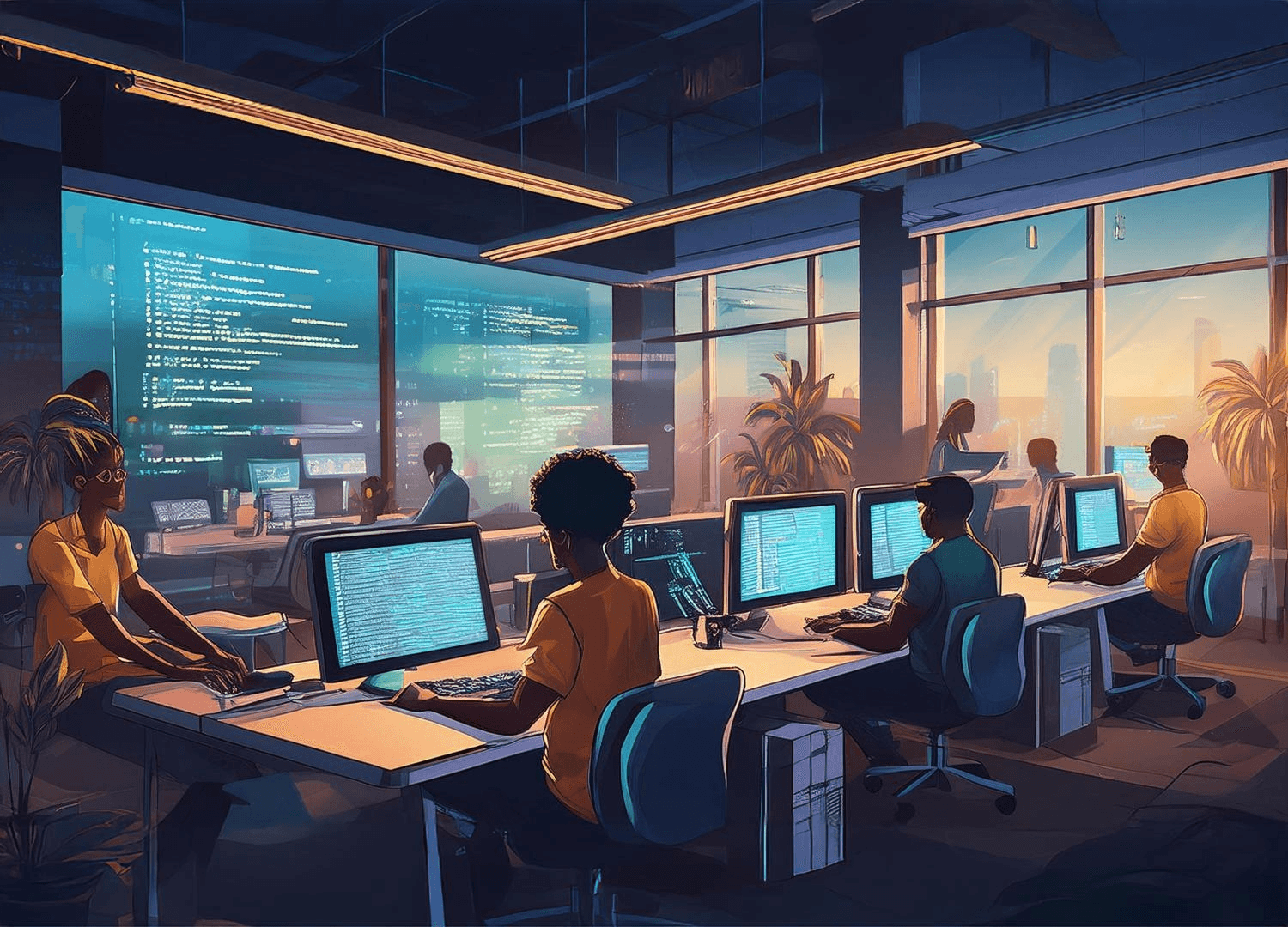 Illustration of the GuruCrafts team at work in a modern office